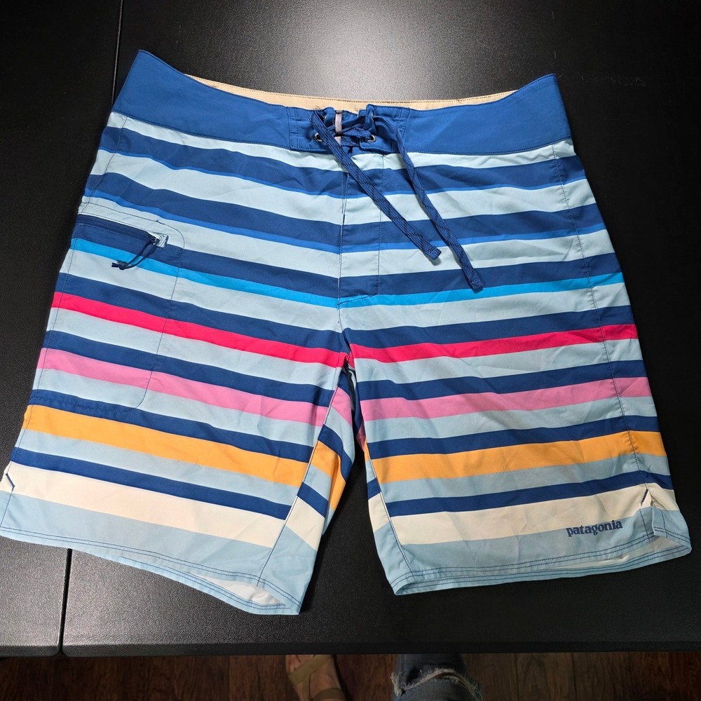 Patagonia Stretch Planing Board Shorts Mens SZ 35 Blue Striped STY86612